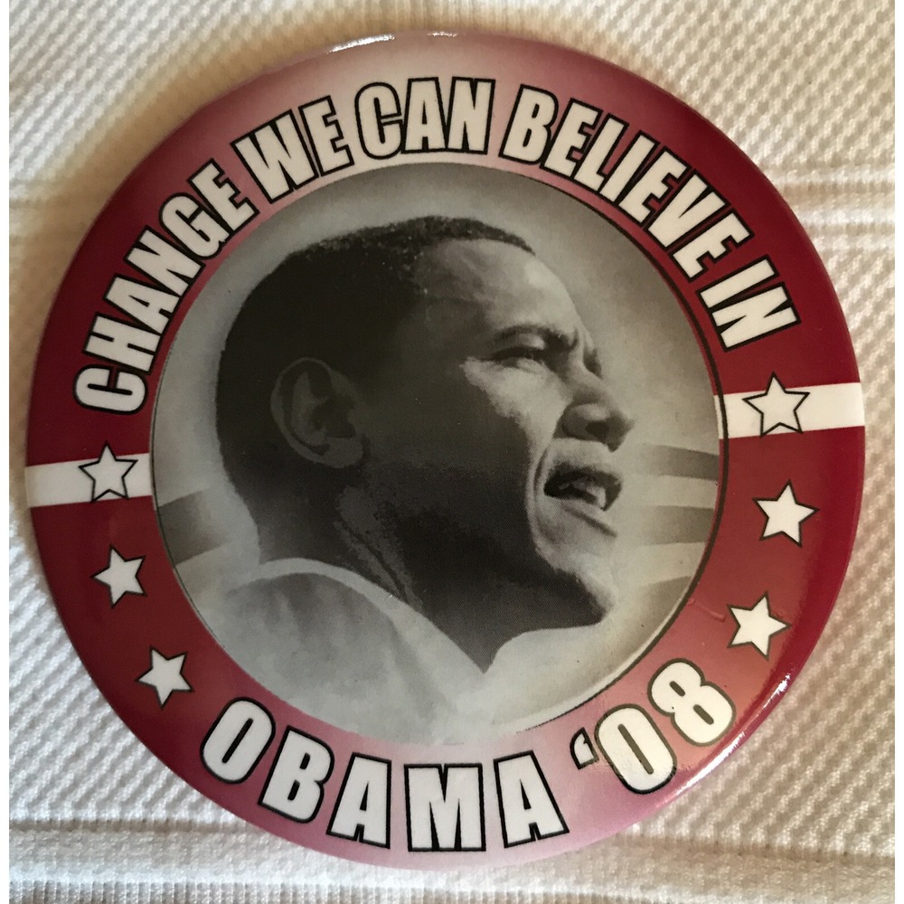 Political Pin Pinback Button 3" Obama '08 "Change . . ." Black and White Photo